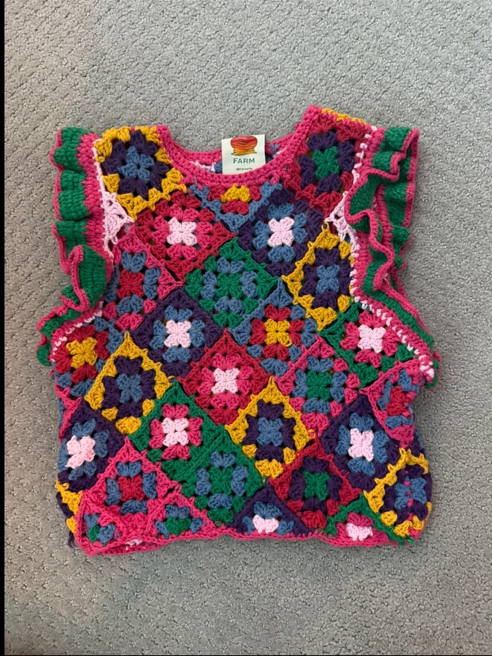 Farm Rio Hand-Crocheted Multicolor Ruffle Sleeve Crop Top - Picture 2 of 3